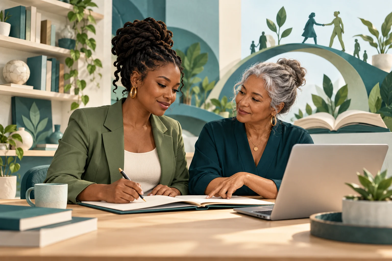 Concept illustration of an entrepreneur and mentor working together on a business plan.