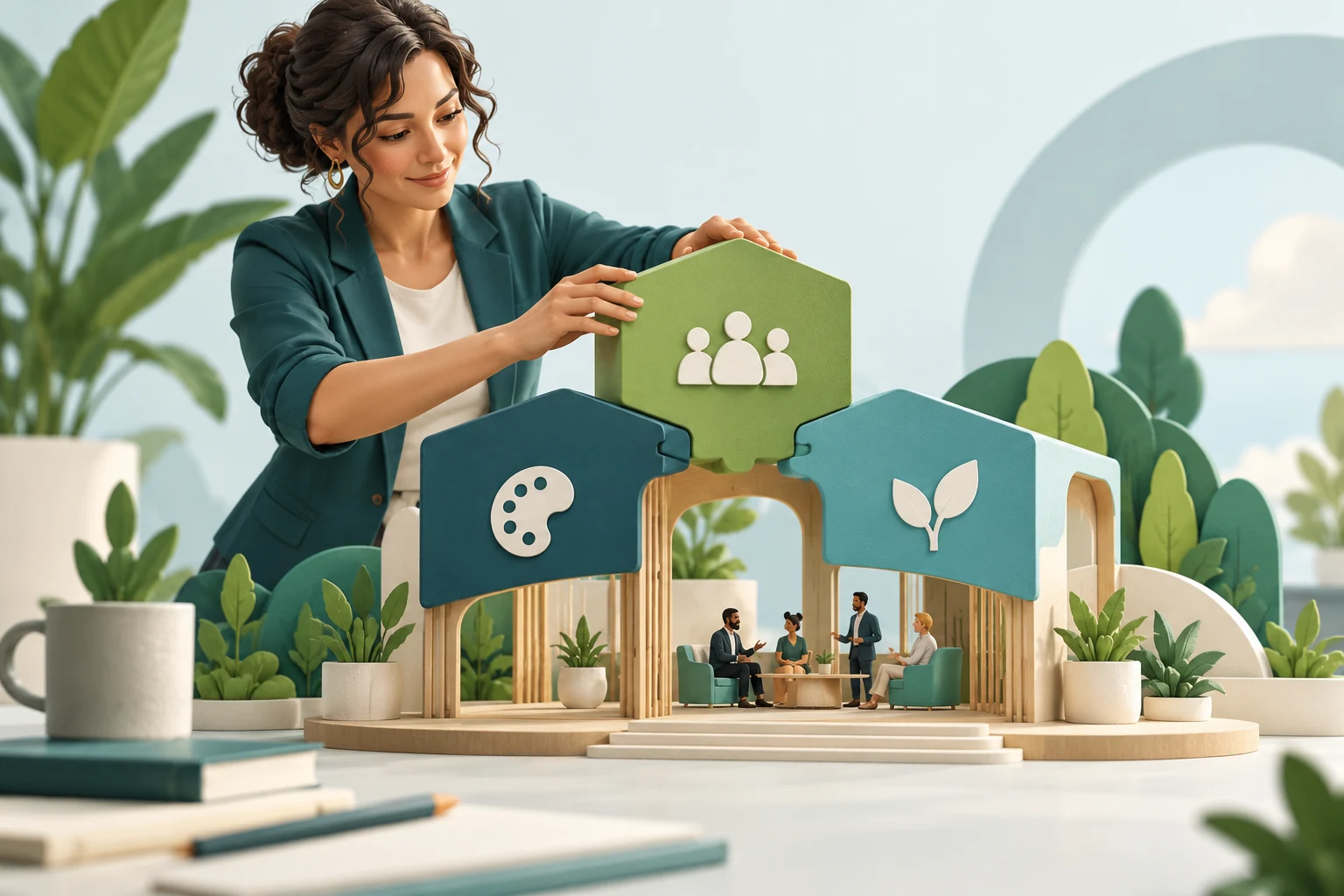Concept illustration of a business owner assembling branding and community building blocks.