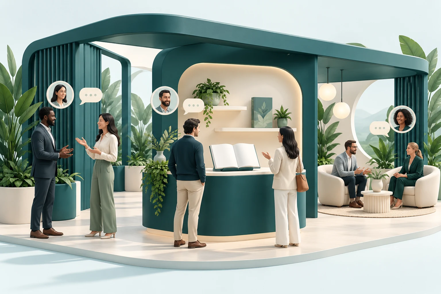 Illustration of an open exhibitor pavilion with resources and conversations.
